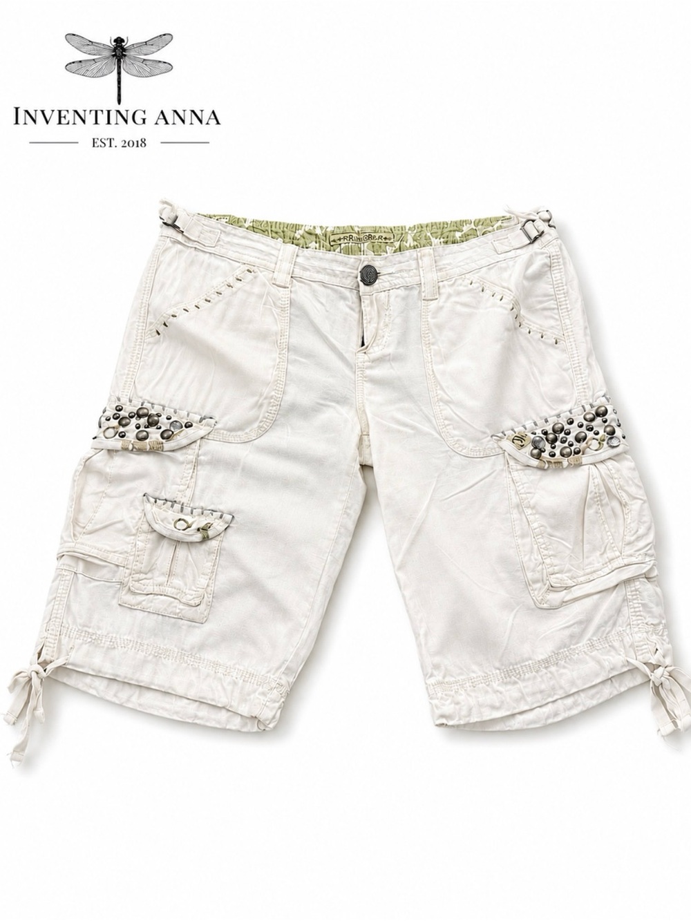 Miss Me White Stud-Embellished Cargo Bermuda Shorts w/Adjustable Waist Straps